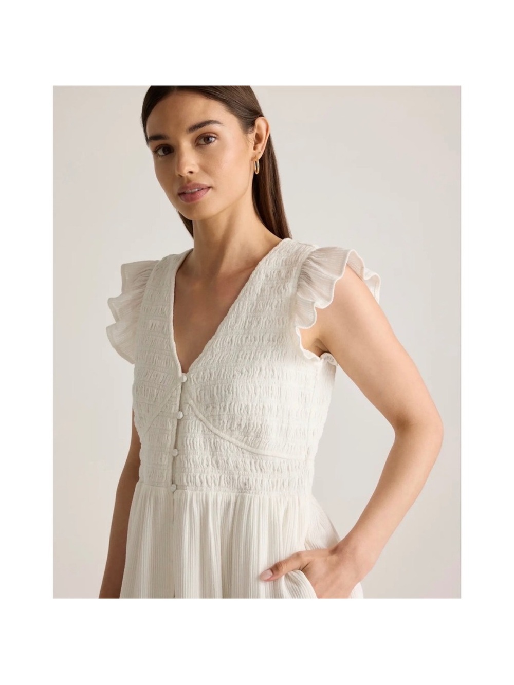 Quince Organic Textured Cotton Smocked V-Neck Midi Dress White XS - Picture 3 of 14
